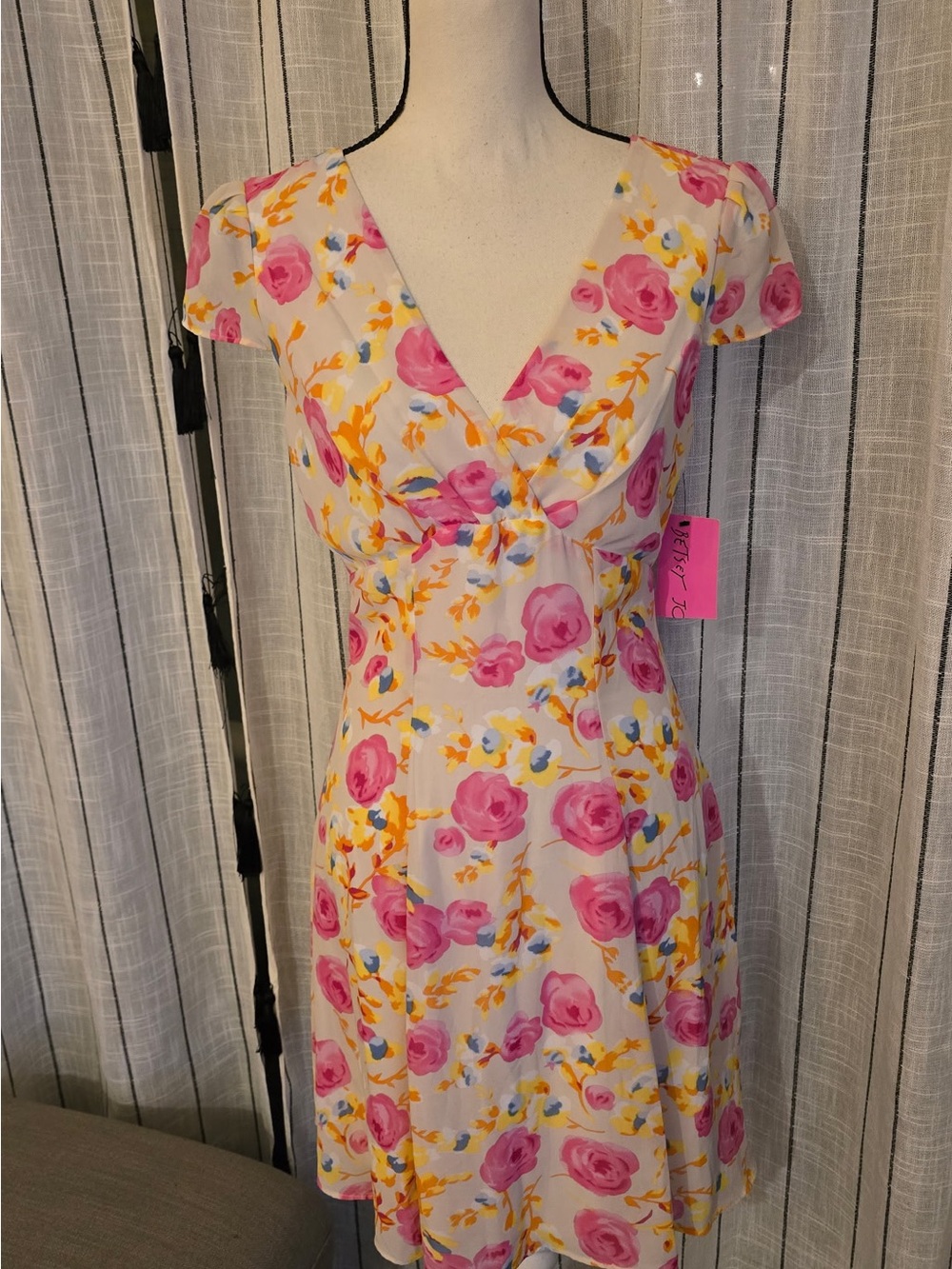 Betsey Johnson White Mini Dress with Pink Roses & Yellow Accents